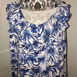 Blue/White Floral Tank with Ruffled Neckline